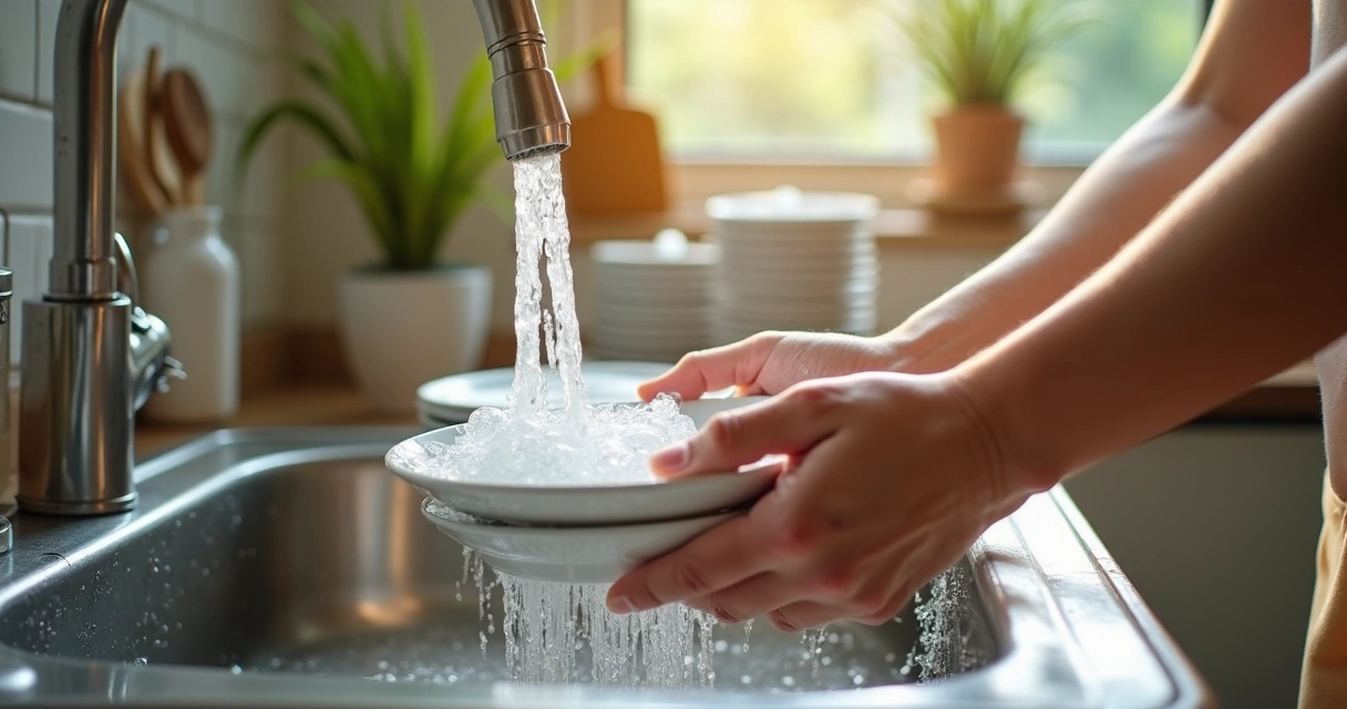 Manos lavando platos con atención al detalle 