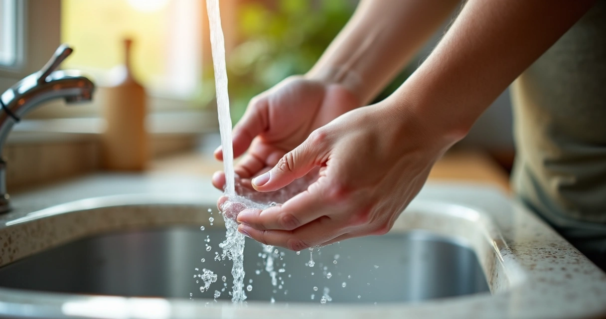 Manos adultas lavando platos en la cocina, enfoque en agua y burbujas 