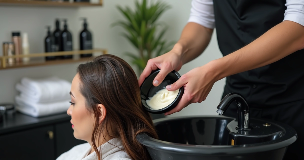 Aplicação de condicionador em cabelo no lavatório 