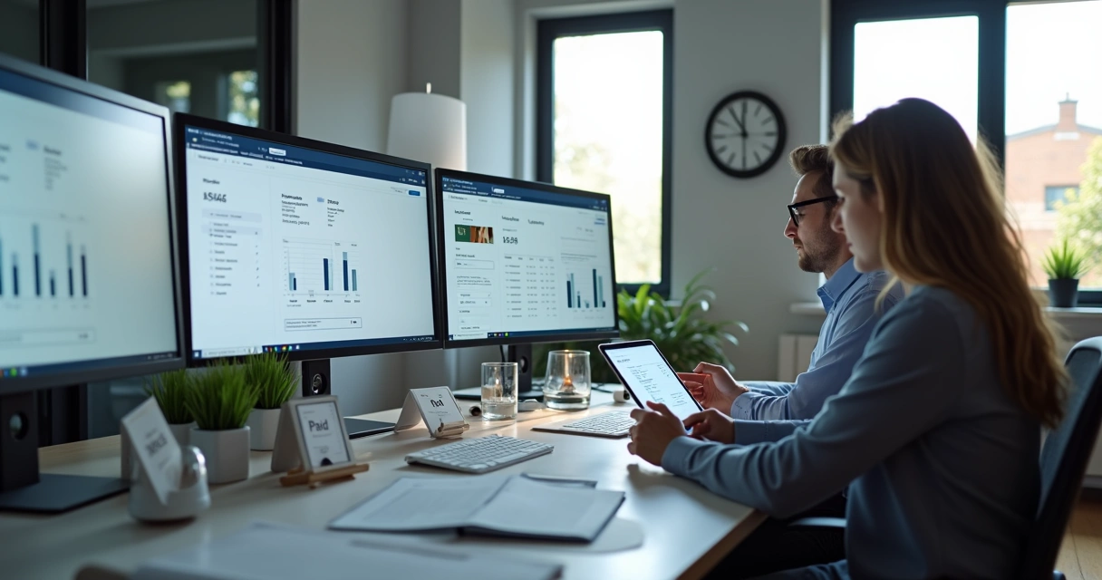 Legal team reviewing digital invoices on multiple monitors 