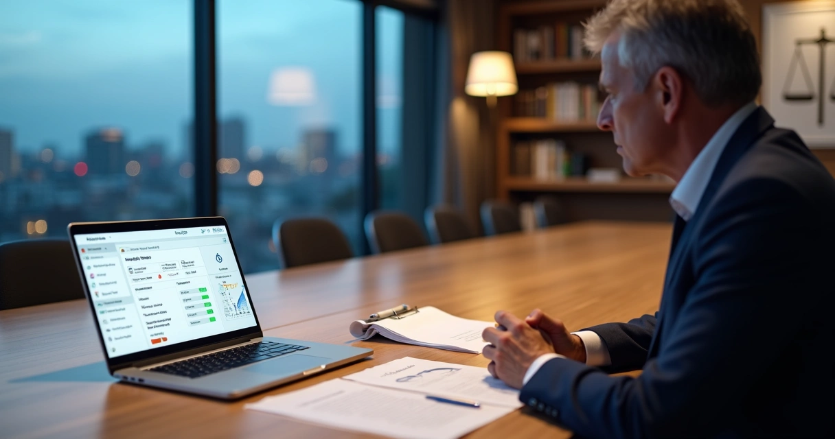 Law firm partner reviewing AI-powered invoice matching dashboard on a laptop 