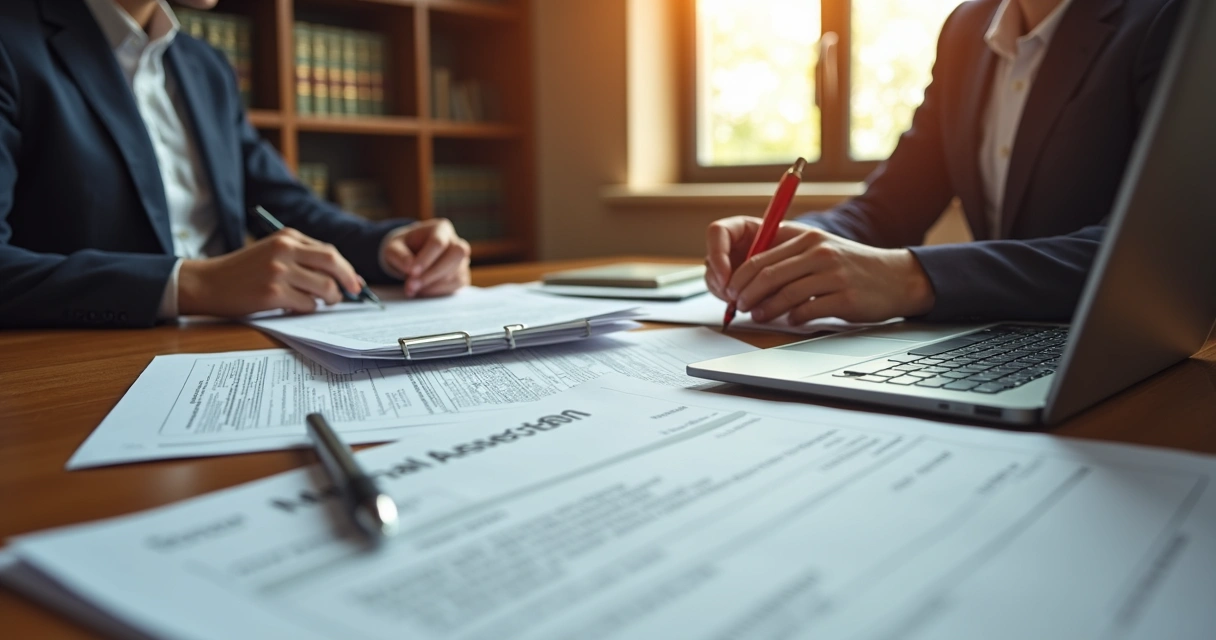 Lawyer working at desk with billing documents and legal files. 
