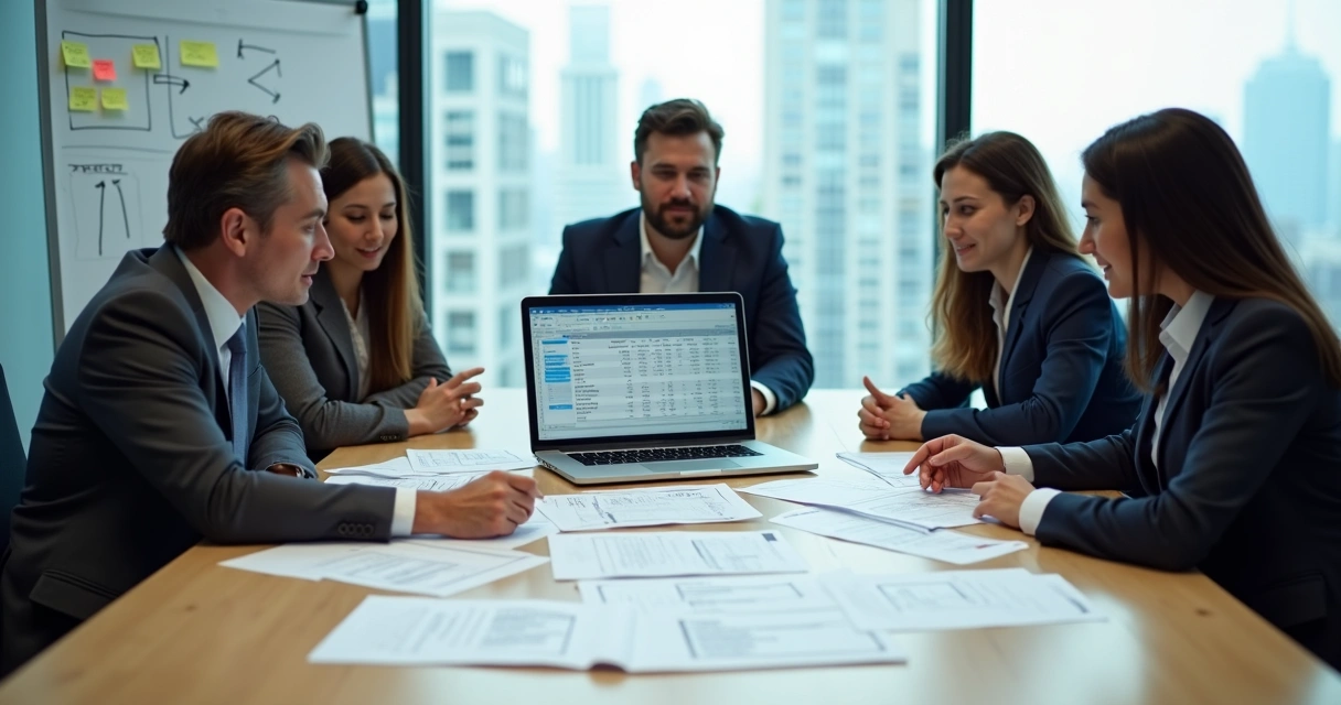 Small law firm team reviewing billing templates on laptop at conference table 