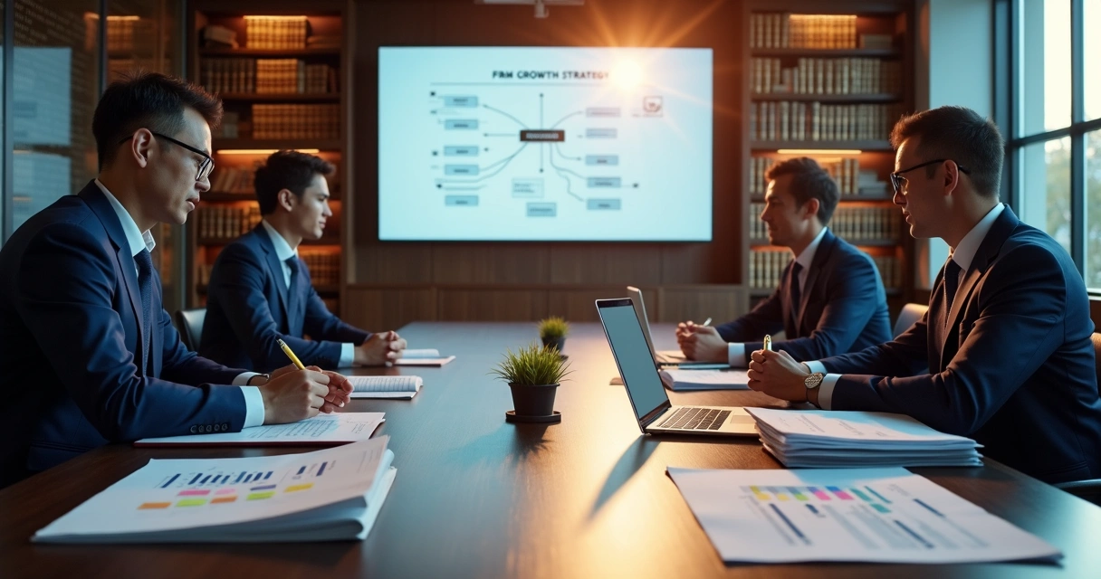 Law firm partners reviewing growth business plan with charts on conference table