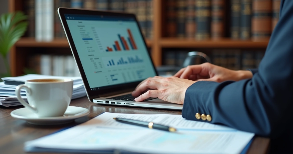 Law firm administrator reviewing financial charts on a laptop