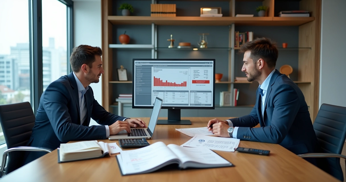 Small law firm partners reviewing financial reports with invoices highlighted on screen 