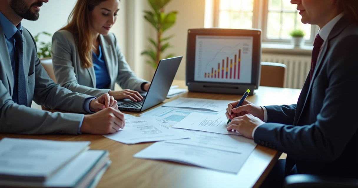Team of legal professionals at table reviewing invoices and documents 