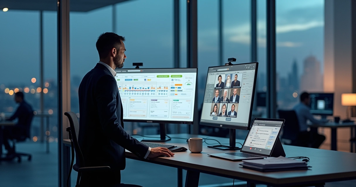 Law firm partner viewing digital workflow dashboard showing outsourced legal tasks 