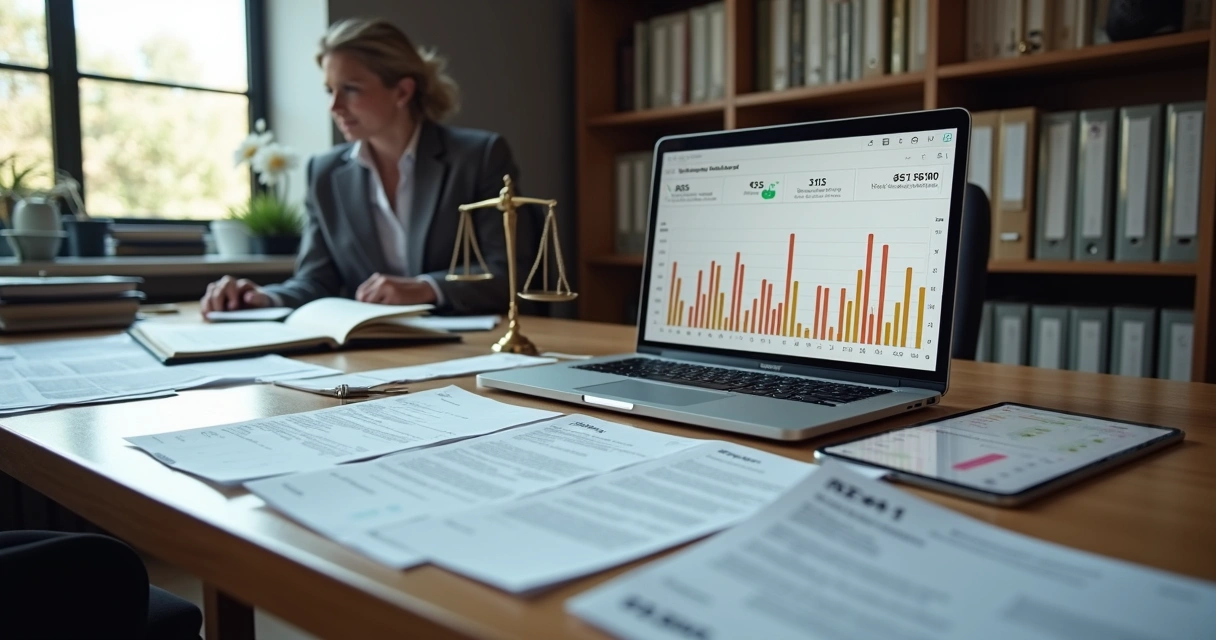Lawyer reviewing invoices with digital charts showing lost revenue 