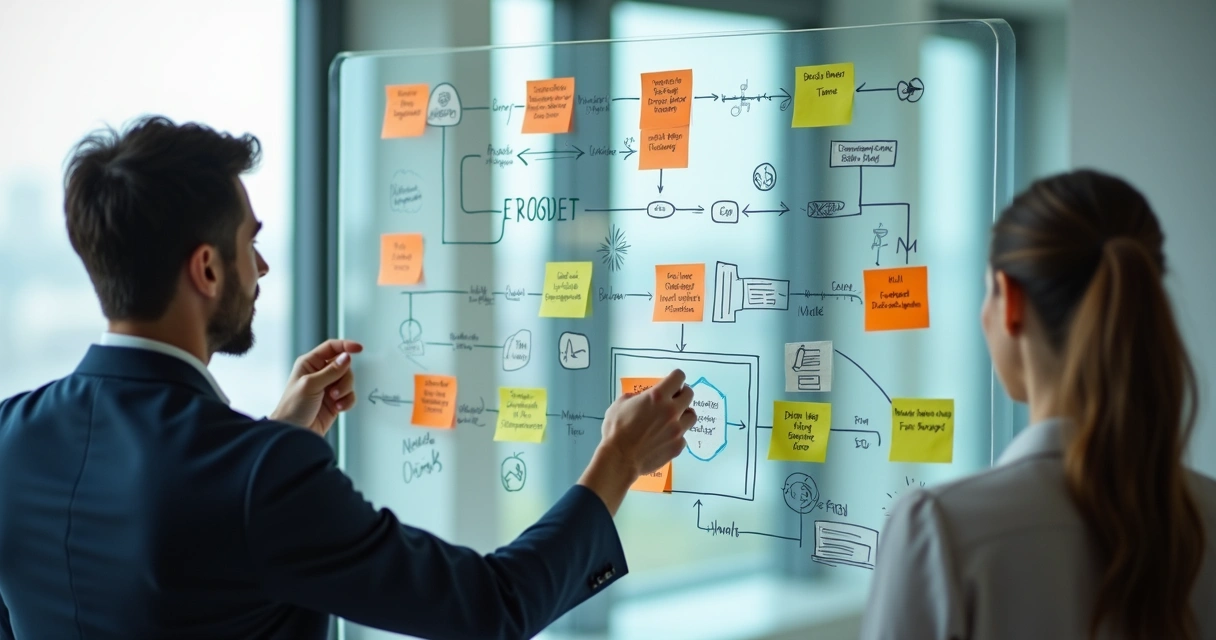 Flowchart of law firm process on a glass board