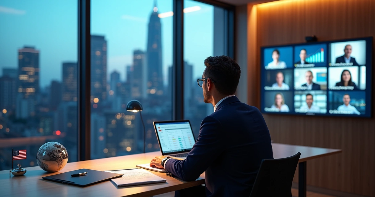 Immigration lawyer collaborating remotely with white label business plan team on large screen