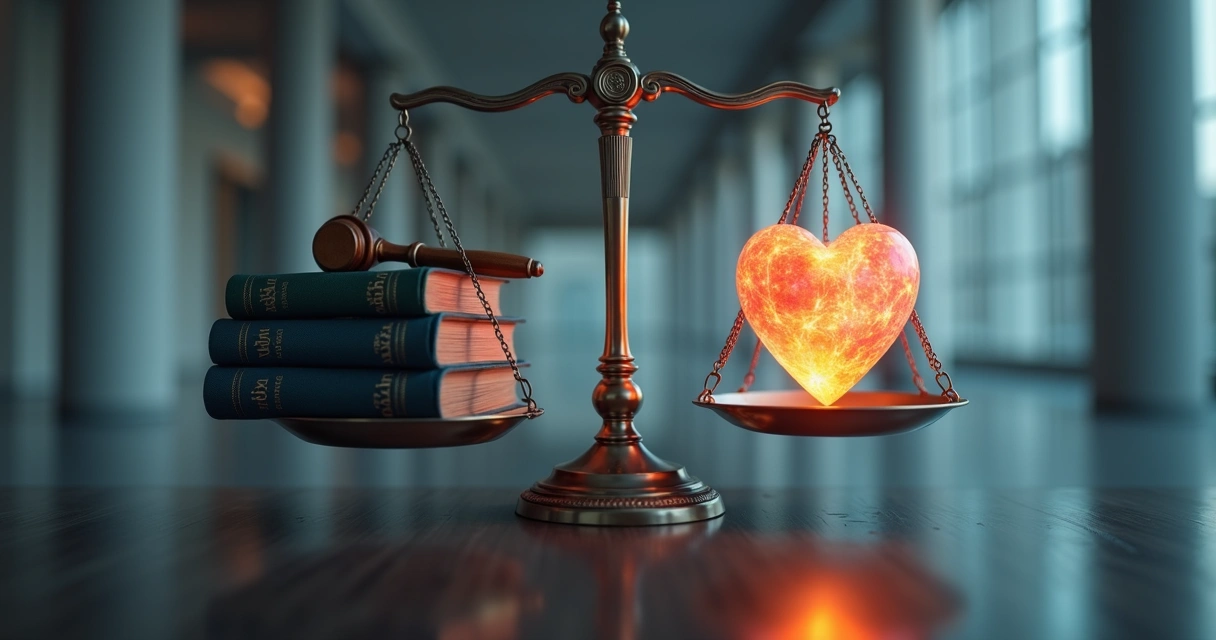 Scales of justice balanced between law books and a glowing human heart 