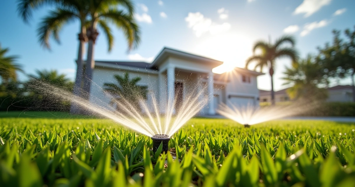 Sprinklers watering natural grass lawn at Florida home