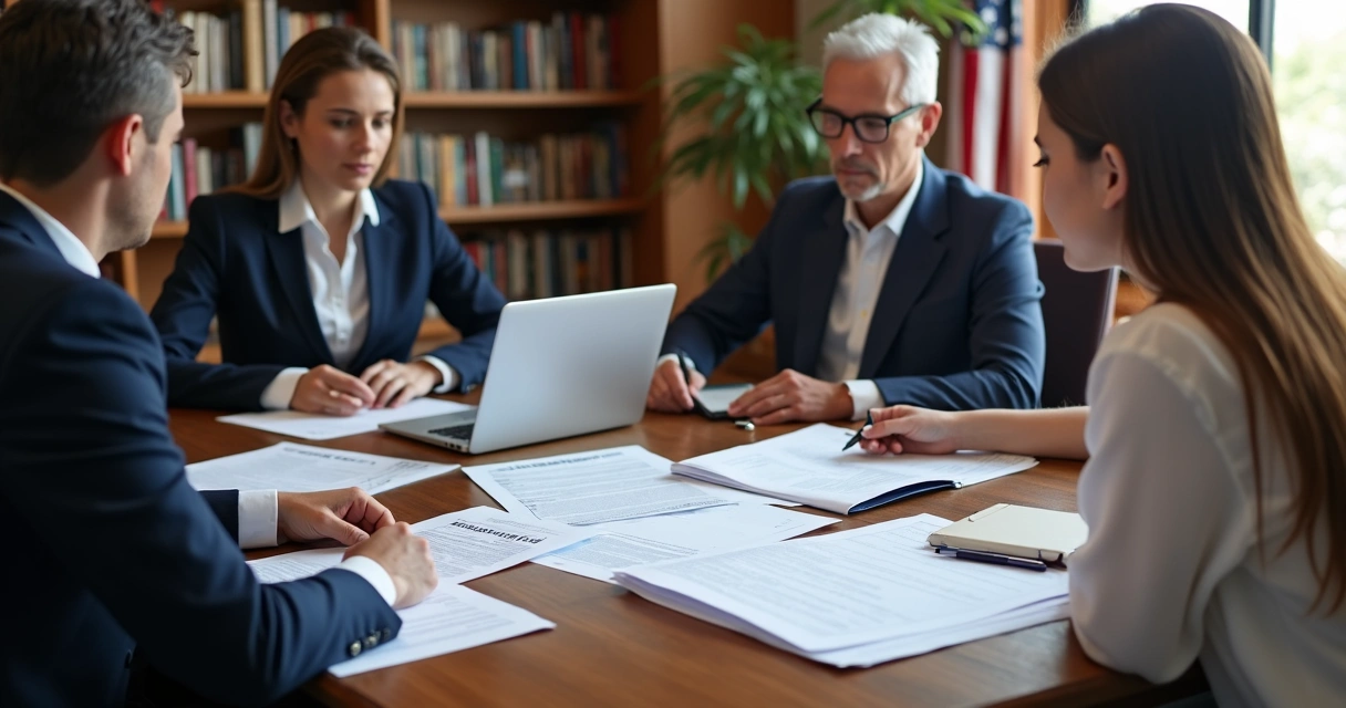 Two people in a meeting consulting immigration paperwork with a lawyer in an office