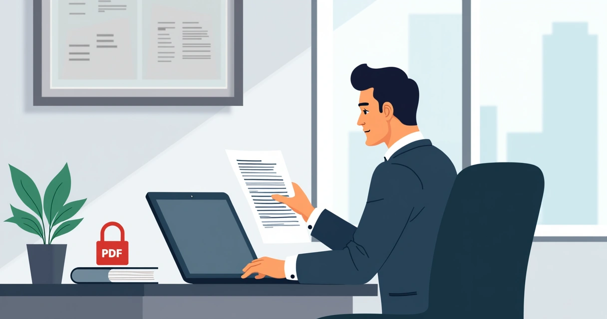 Lawyer reviewing digital contract and audit certificate 