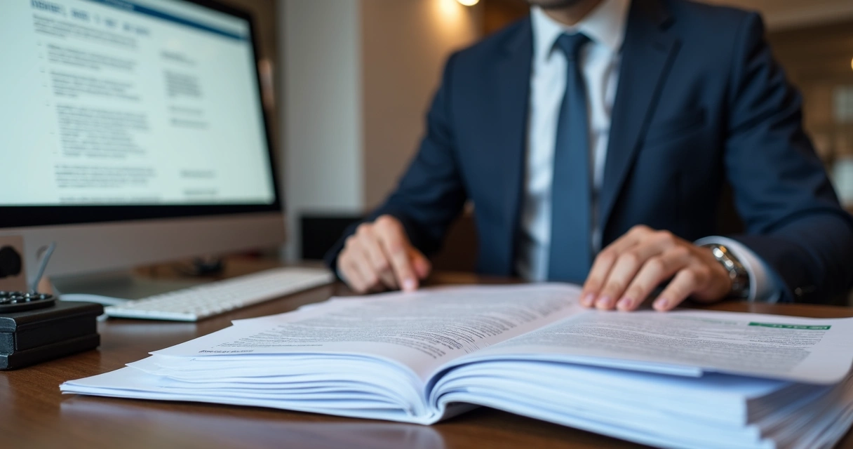 Lawyer reviewing immigration documents at a desk 