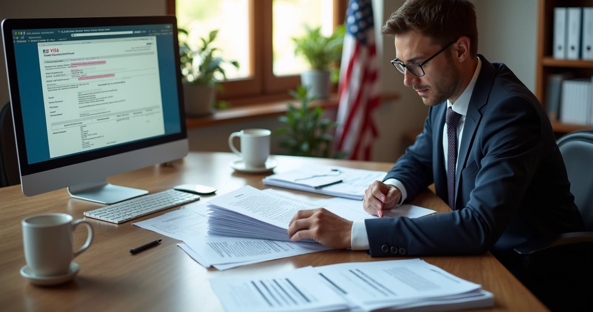 Lawyer reviewing a stack of business plans at a desk