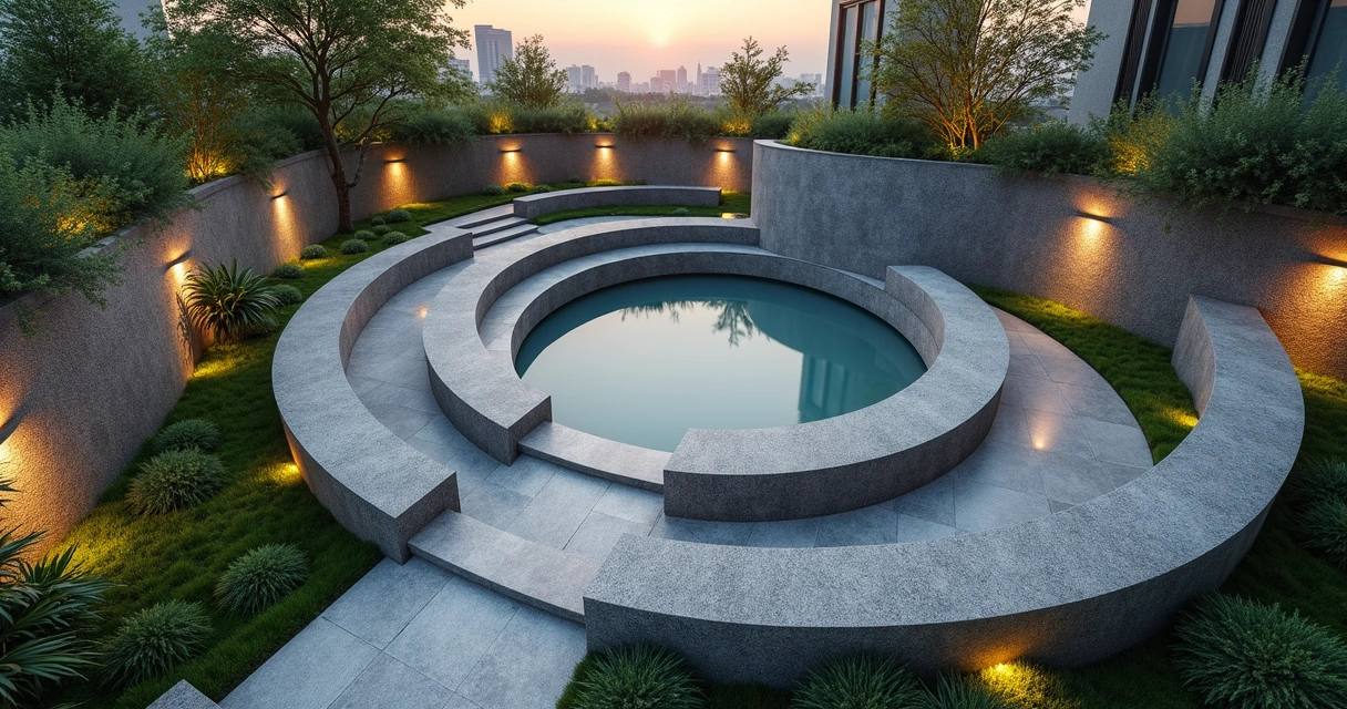 Overhead view of circular garden walls guiding a single clear path 