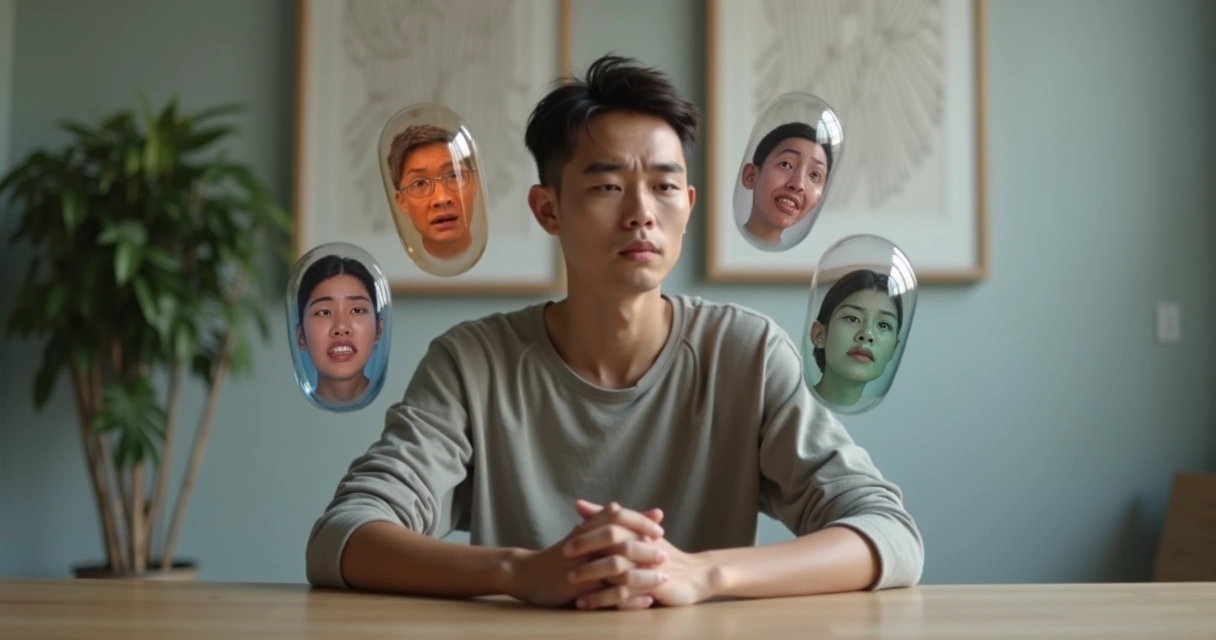 Person surrounded by layered translucent masks revealing hidden emotions 