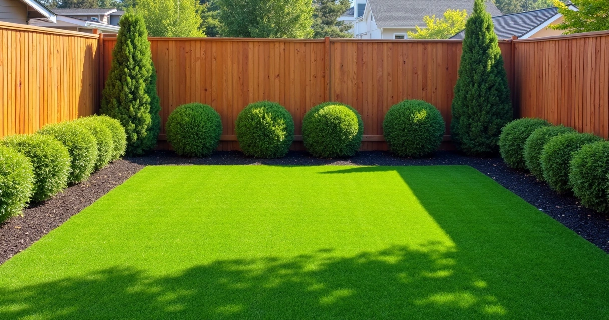 Layered green shrubs and artificial turf for backyard noise barrier