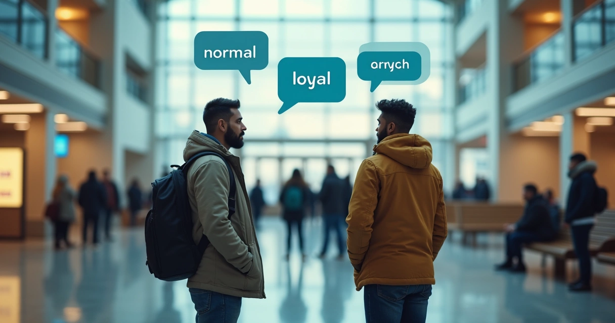 Overlapping speech bubbles above people in a public space 