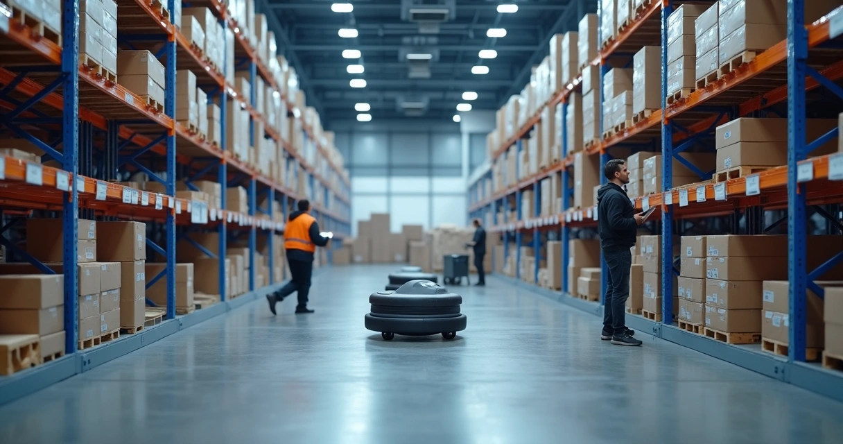 Vista de armazém automatizado com equipamentos modernos, corredores amplos e prateleiras organizadas