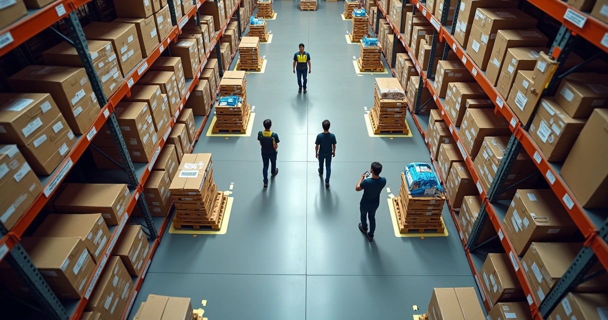 Esquema de layout de armazém moderno com corredores identificados 