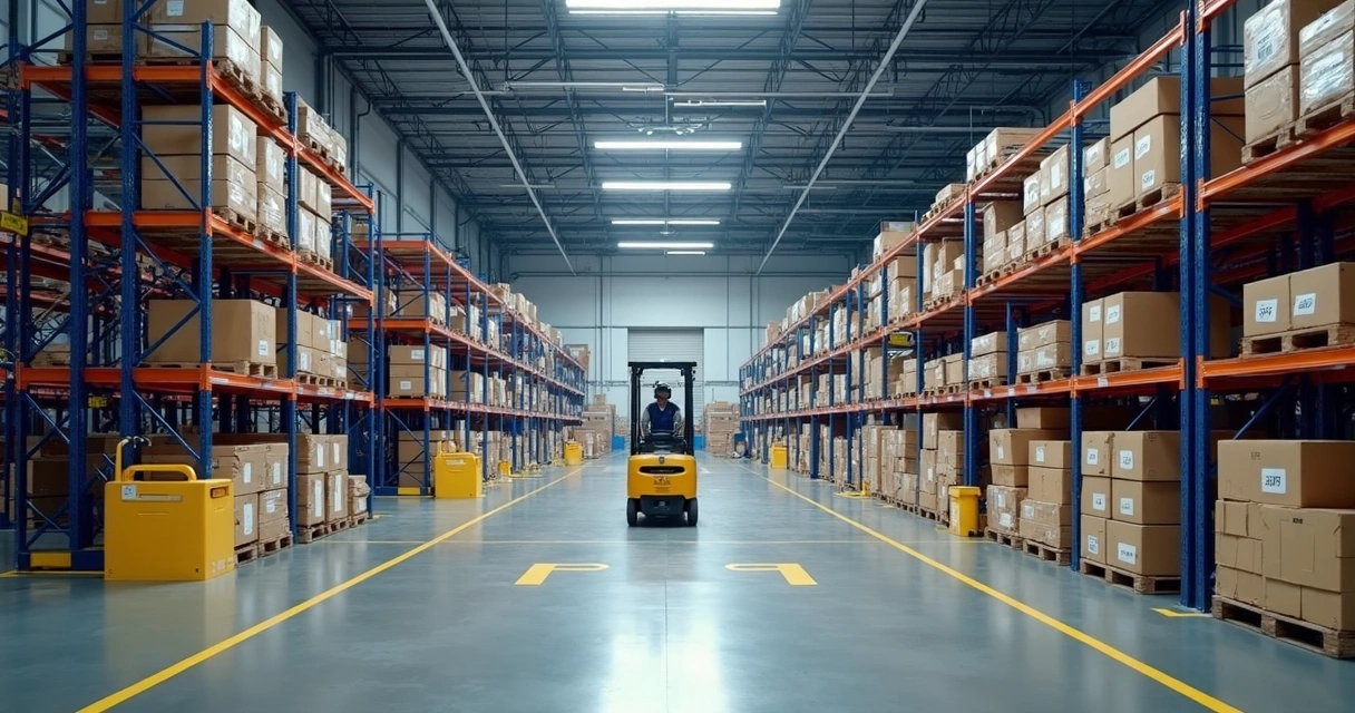 Corredores de armazenagem industrial próximos às linhas de consumo com empilhadeira em operação