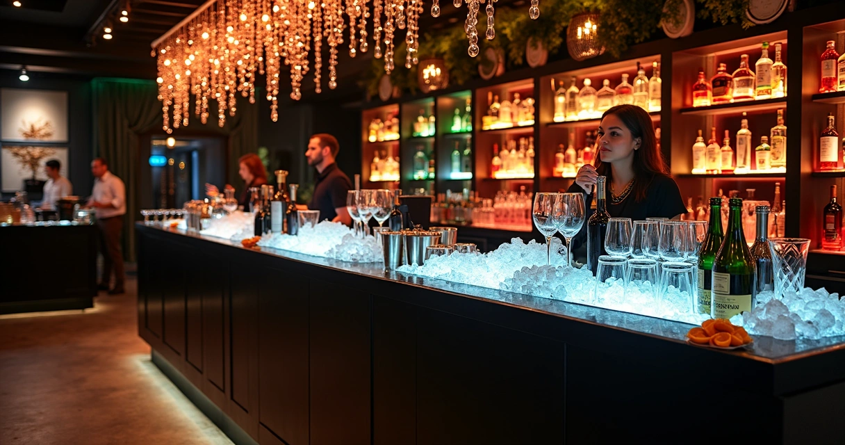 Balcão de open bar organizado com utensílios, iluminação e bebidas 