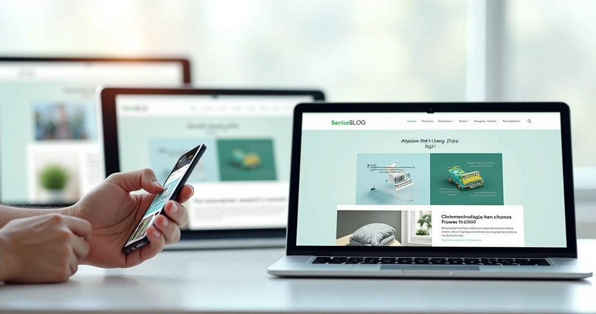 Exemplo de blog responsivo exibido em celular, tablet e computador 