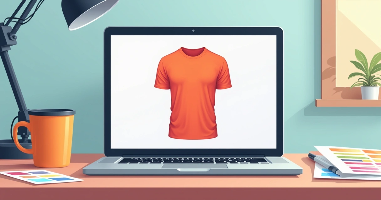 Tela de notebook exibindo aprovação de arte digital para camiseta 