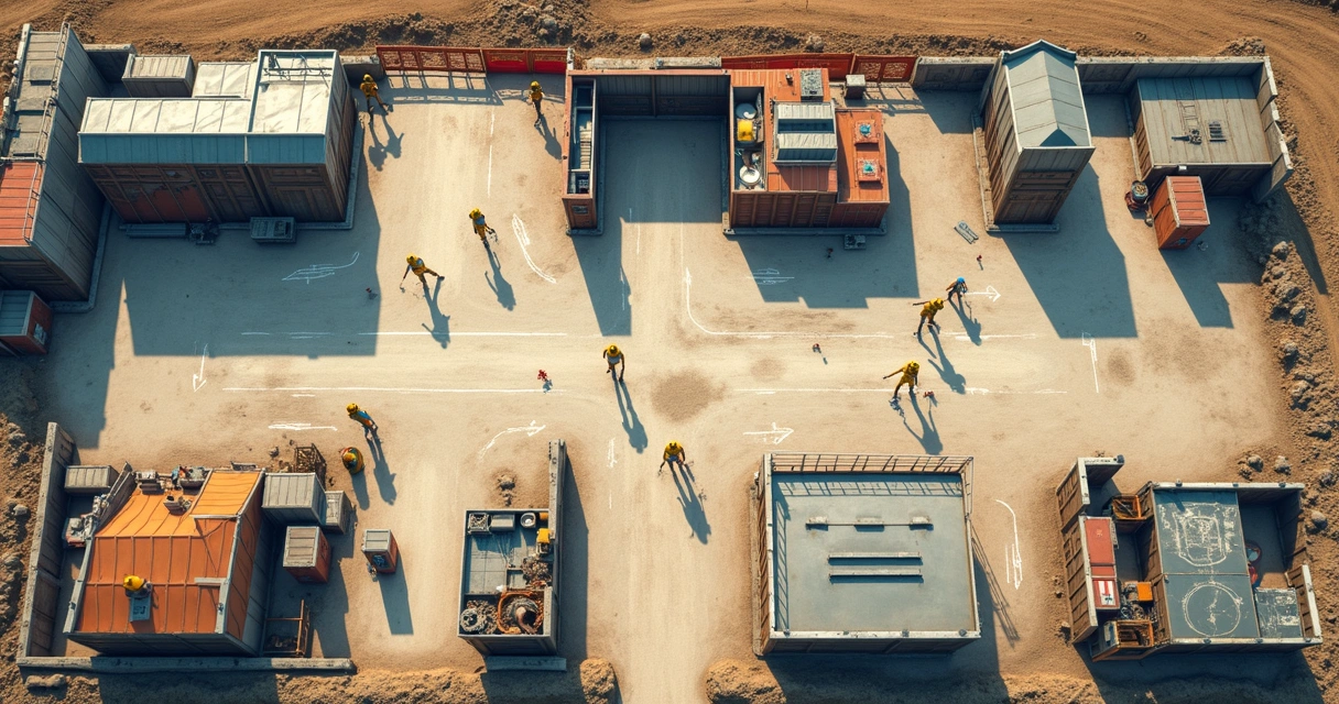 Layout prático de canteiro de obras com setores delimitados e rotas sinalizadas 