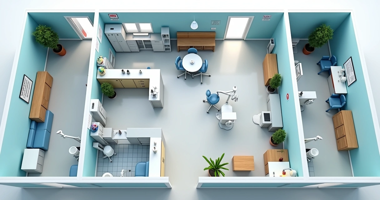 Layout funcional de consultório odontológico com áreas delimitadas