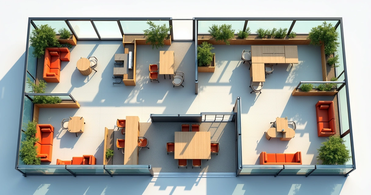 Projeto de layout corporativo com áreas de trabalho abertas e salas fechadas 