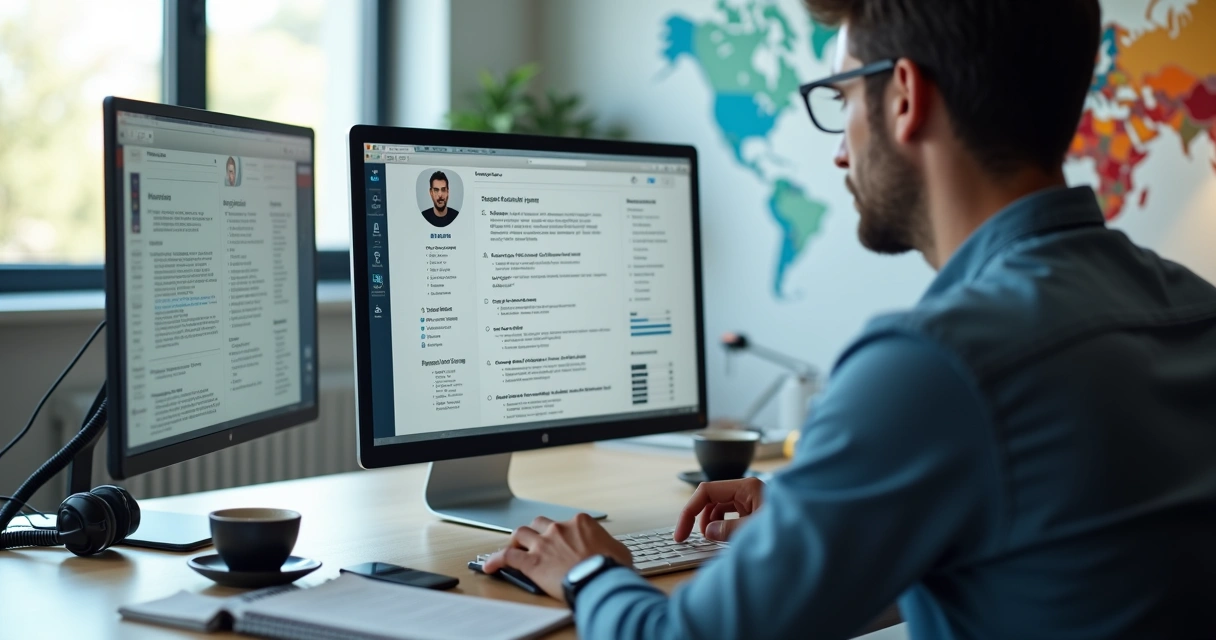 Desenvolvedor ajustando layout de currículo em inglês para vaga internacional na tela do notebook 