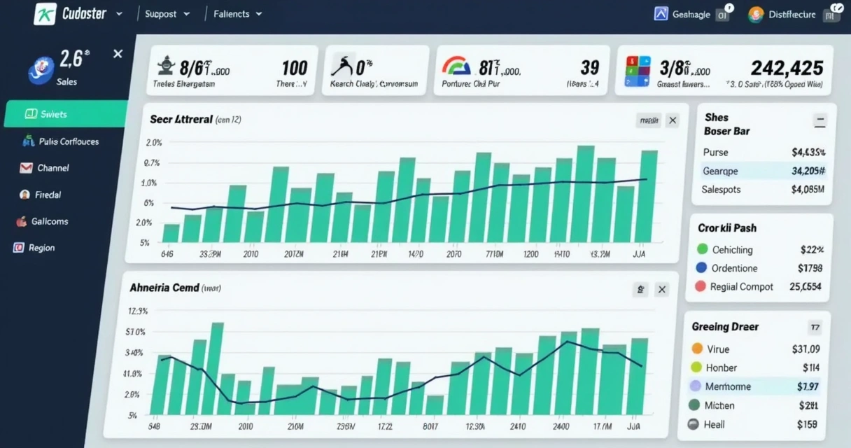 Representação visual de um layout vertical de dashboard de vendas, com indicadores em destaque