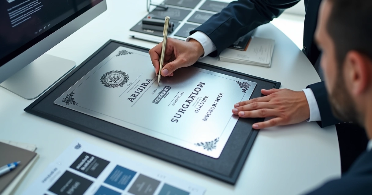 Equipe revisando layout de diploma em aço com logotipo e texto de premiação 