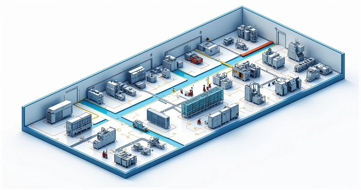 Mapeamento de layout fabril mostrando fluxo com setas e áreas de trabalho conectadas 
