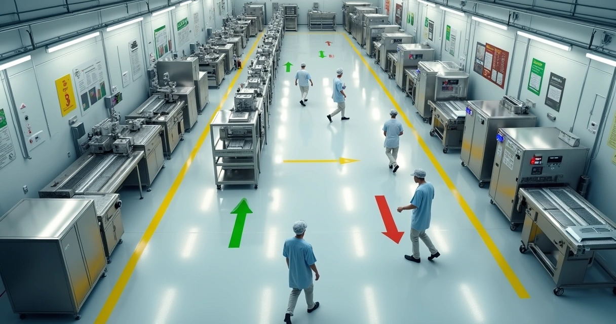 Vista aérea de fábrica de alimentos com layout organizado e rotas de segurança destacadas 