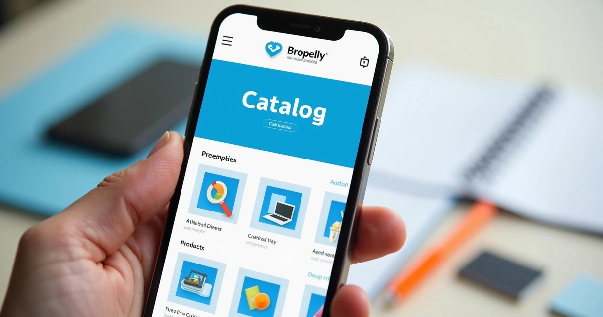 Catálogo digital exibindo logotipo, cores e produtos em um smartphone 