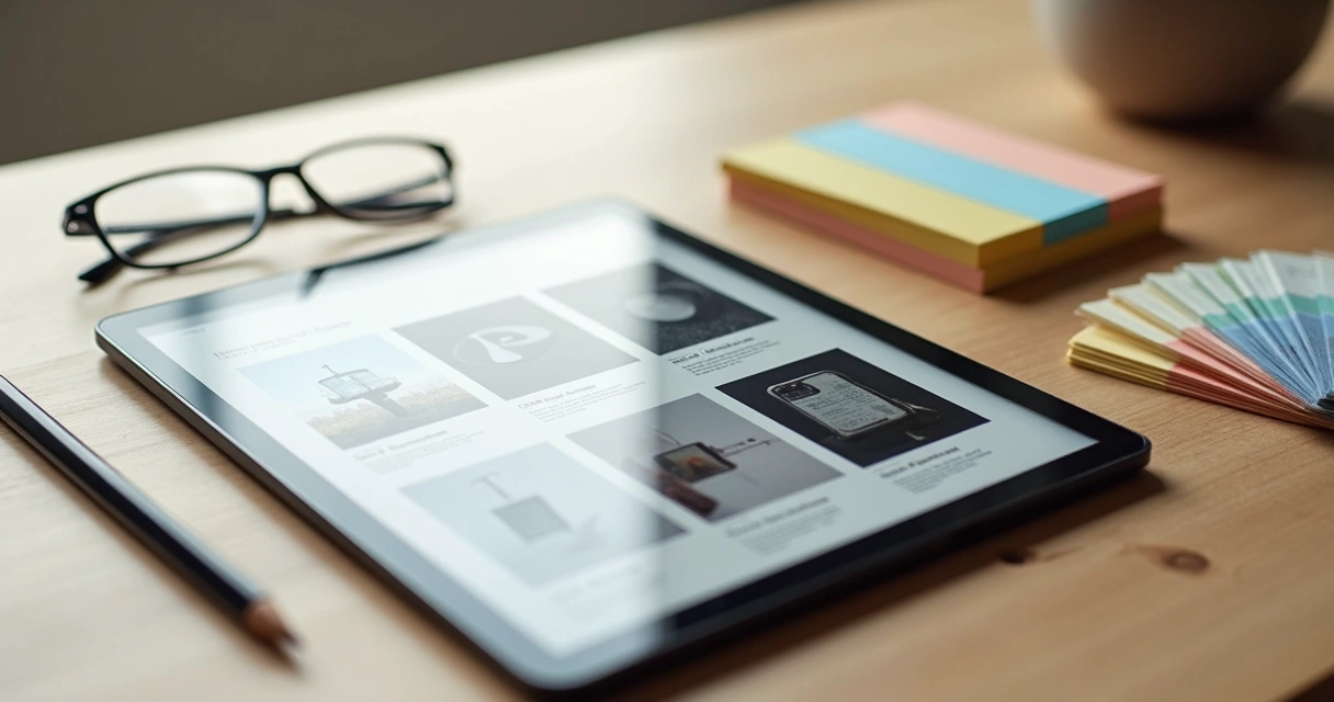 Tela de tablet exibindo ebook com imagens organizadas em grade limpa 
