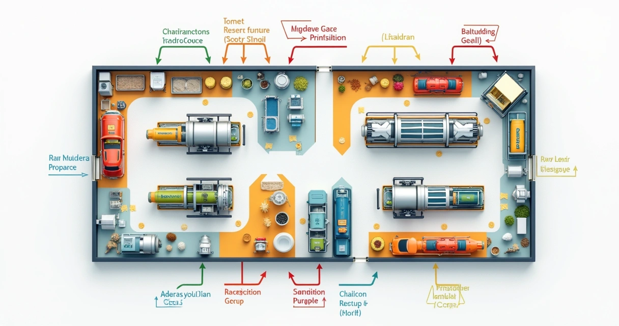 Planta baixa de fábrica de alimentos com setas de fluxo 
