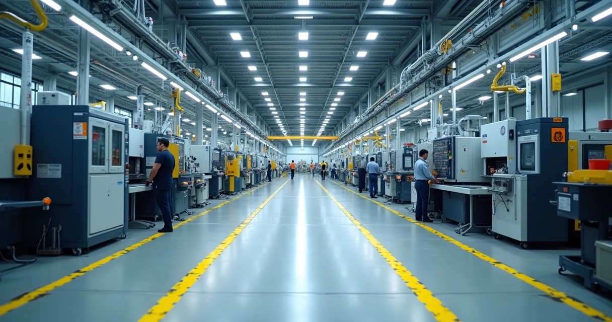 Área industrial com máquinas organizadas e distanciamento sinalizado 