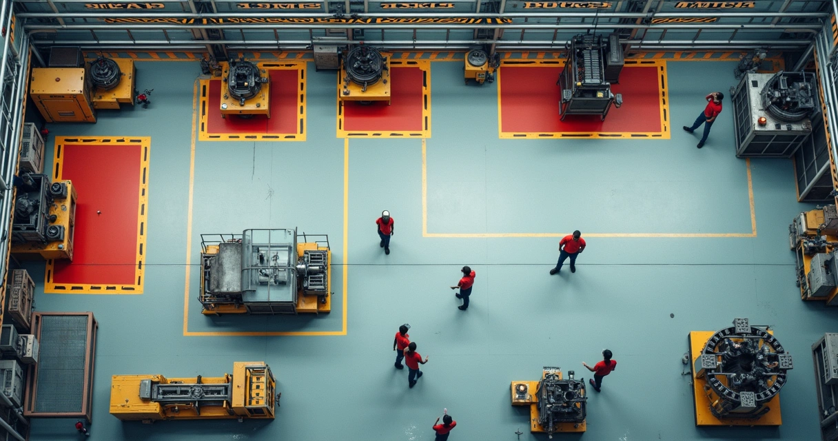 Mapa de layout industrial com marcas destacando áreas de perigo com cores diferentes 