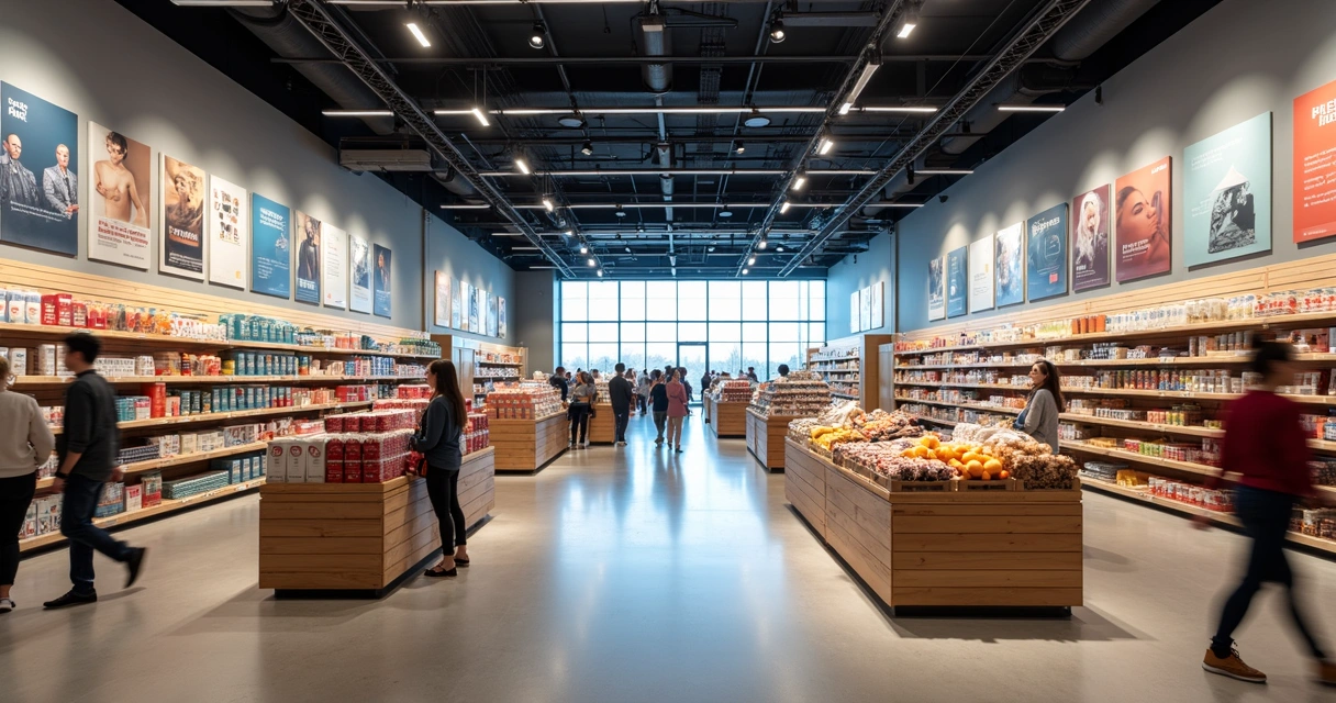 Exemplo de layout interno de uma loja de varejo americana com corredores largos e prateleiras organizadas 