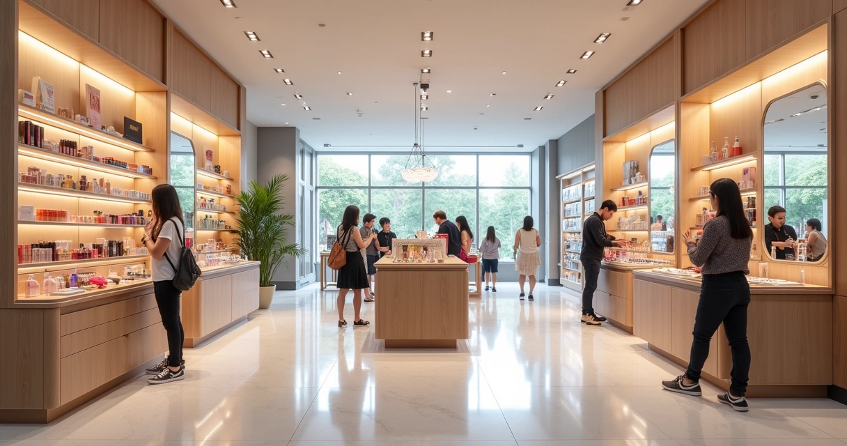 Ambiente de loja de cosméticos moderno com corredores espaçosos 