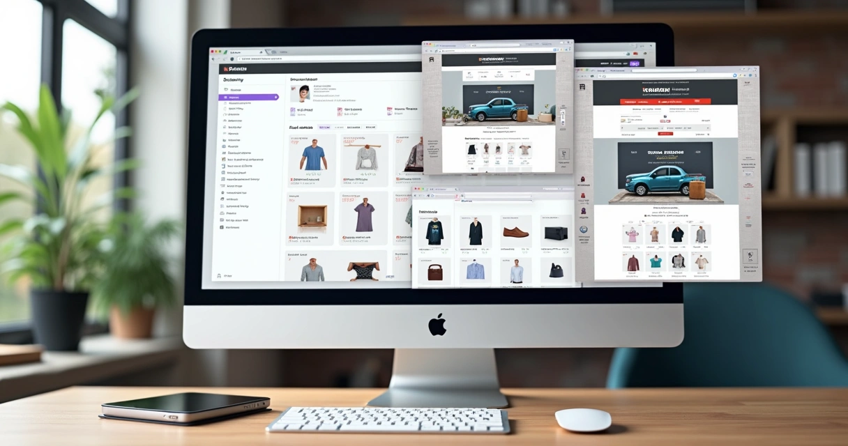 Painel de personalização de loja virtual com telas de layouts diferentes 
