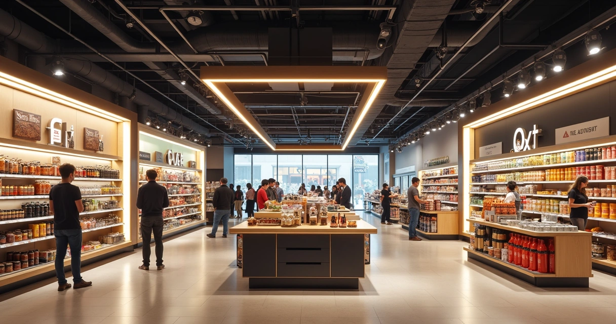 Layout de loja de varejo com diferentes áreas de destaque