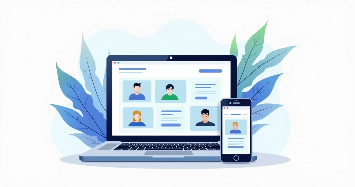 Design responsivo de site em laptop e celular, tela com imagens e botões 