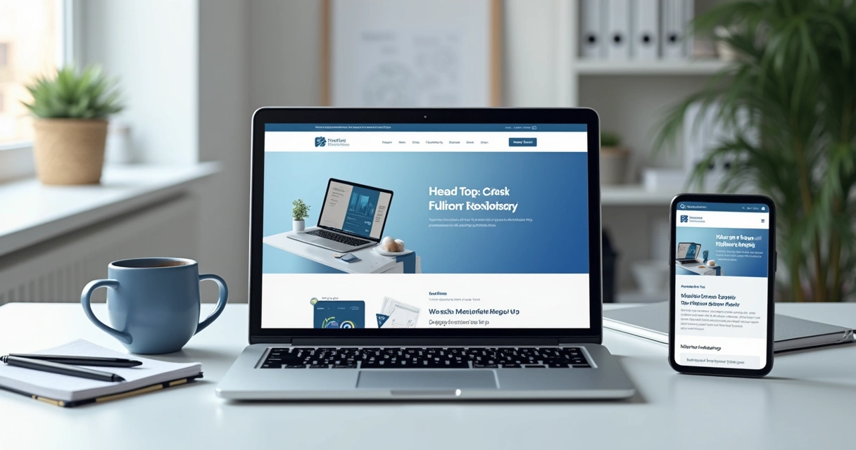 Layout moderno de site empresarial visto na tela de um notebook e devices móveis 